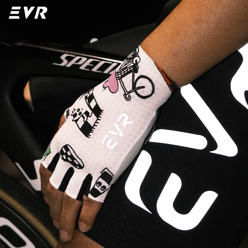 EVR ถุงมือปั่นจักรยานแบบครึ่งนิ้ว แผ่นรอง XDR ลดแรงกระแทก กันลื่น ระบายอากาศดี ลายกราฟฟิตี้ สำหรับ MTB เสือหมอบ