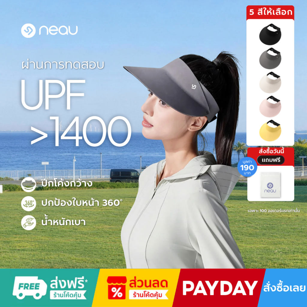 ❤️ปกป้องทั้งหน้า 360° - ขับขี่ไม่กลัวแดด❤️ NEAU Cova Round หมวกกันแดดแบบครึ่งใบ ปีกกว้าง มี 3 สีให้เลือก ระบายอากาศดี ไม่อับ ป้องกันรังสี UV ระดับ UPF1400+ สายรัดปรับขนาดได้