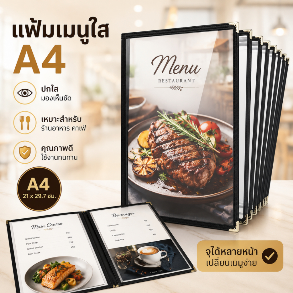 【พร้อมส่ง】แฟ้มเมนูอาหาร ขนาด A4 ปกพลาสติกใสอย่างดี เมนูโปร่งใส ขอบเงิน มี4ขนาดให้เลือก หนังสือสูตรอาหารร้านอาหาร