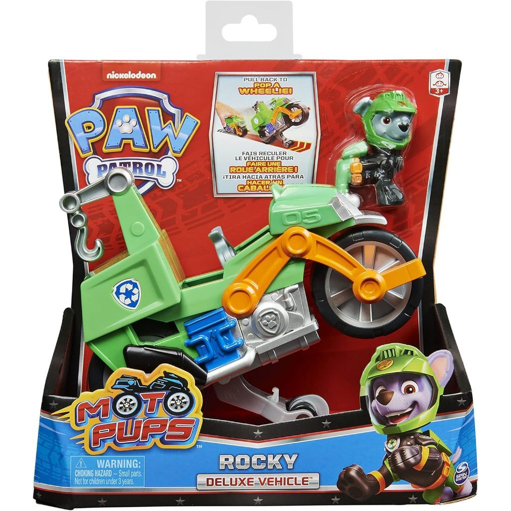 Paw Patrol Dog Patrol, Moto Pups Rocky Luxury Pull Back Motorcycle พร้อมฟังก์ชั่นล้อและตุ๊กตาของเล่น