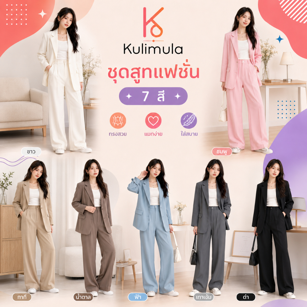 KULIMULA Korean Blazer Set ชุดสูทผู้หญิง 2 ชิ้น เบลเซอร์ทรง Oversize คู่กางเกงขายาวเอวสูง ทรงสวย ใส่ทำงานได้