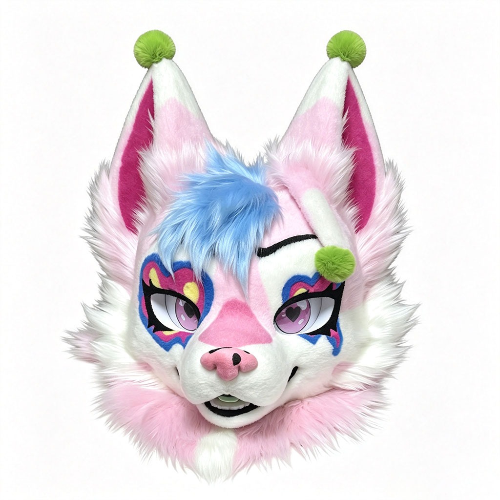Handmade Custom Pastel Pink Fox Fursuit Head, Kemono Furry Mask พร้อม ,คอสเพลย์ Furry Head ฮาโลวีน