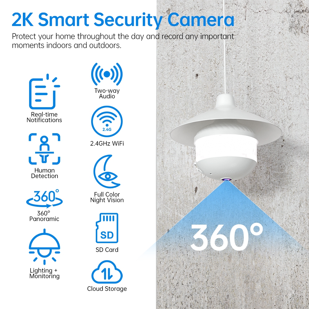 2-in-1 กล้องรักษาความปลอดภัยสไตล์โคมไฟ E27 หลอดไฟ 6MP WIFI V380 Pro-D8 Full Color Night Vision เสียง