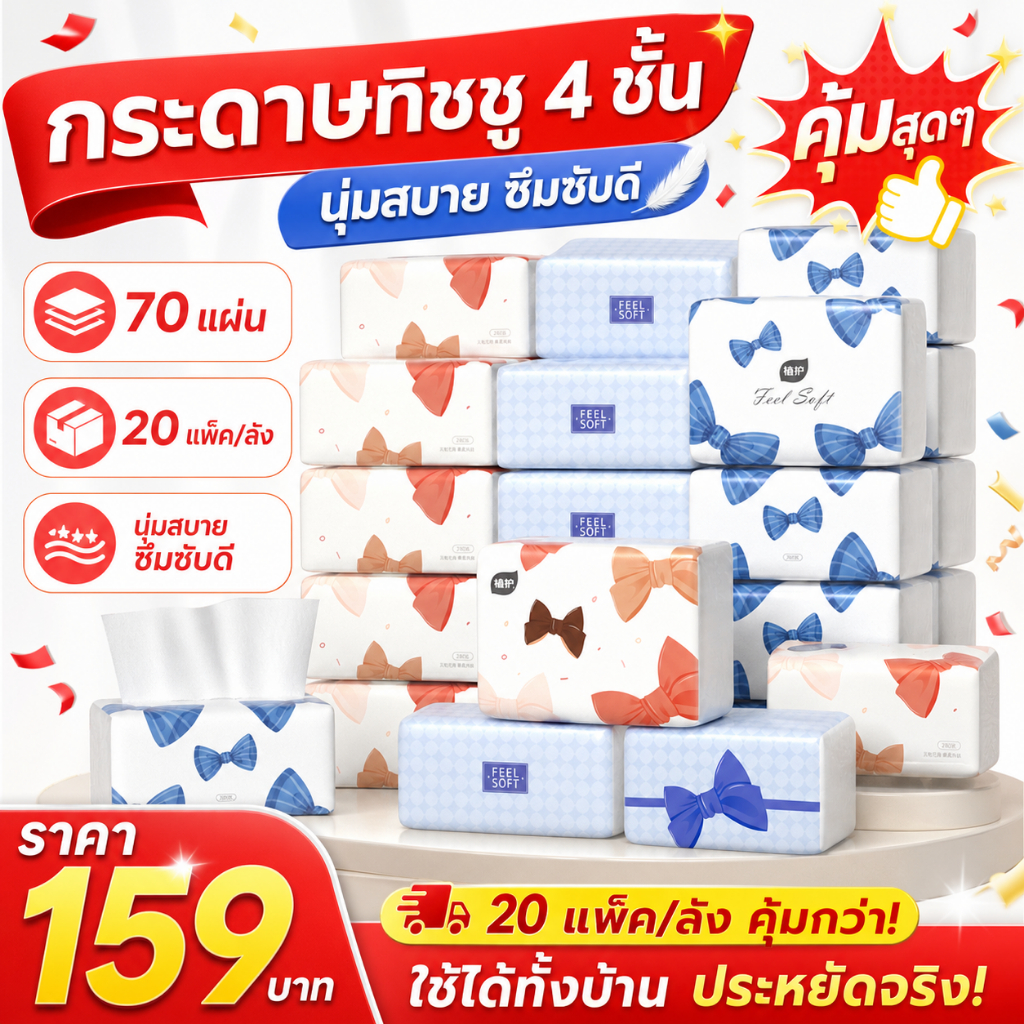 【20 แพ็ค】Botare กระดาษเช็ดหน้า ริบบอน คุชชั่น 4 ชั้น หนานุ่มพิเศษ ลายโบว์สุดคิ้วท์ 5600 แผ่น 20 แพ็ค
