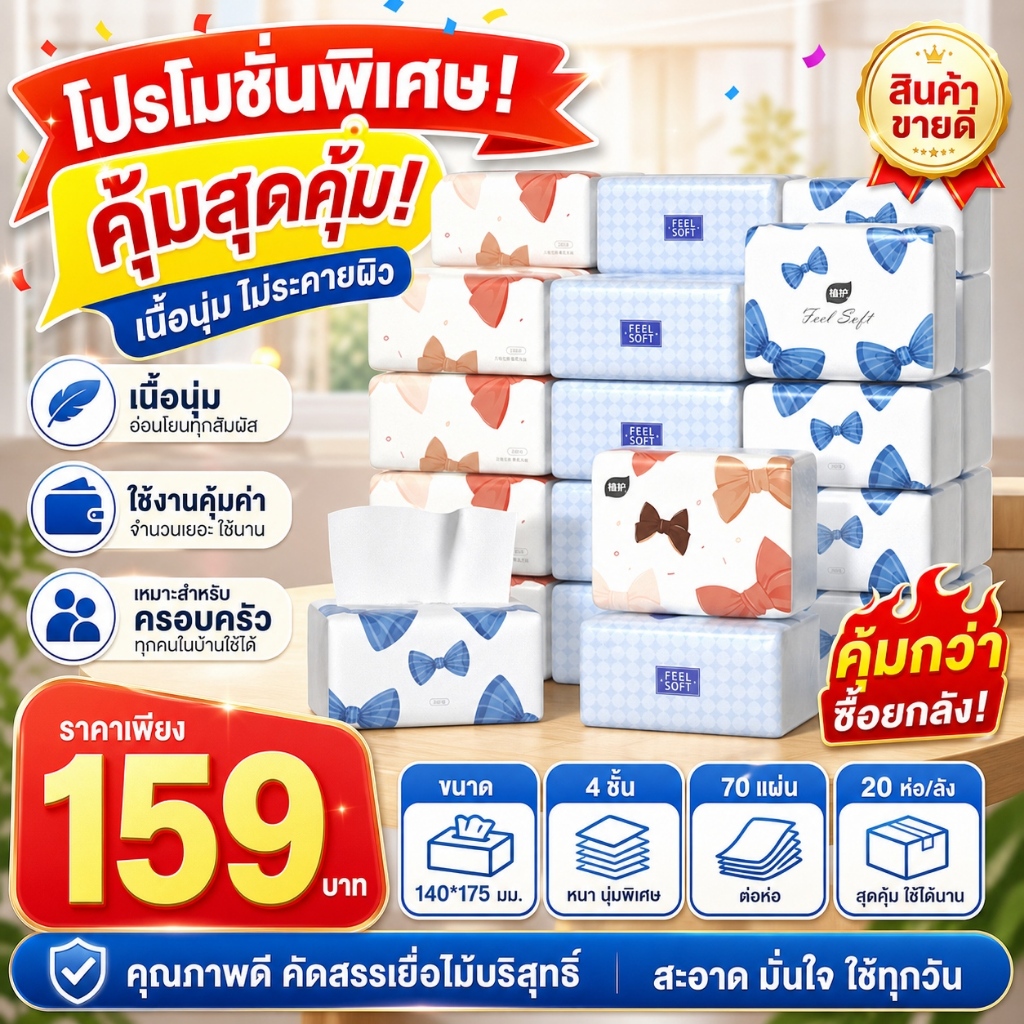 【20 แพ็ค】Botare กระดาษเช็ดหน้า ลายโบว์ 4 ชั้น หนา นุ่ม เยื่อไม้แท้ 5600 แผ่น 20 แพ็คประหยัด