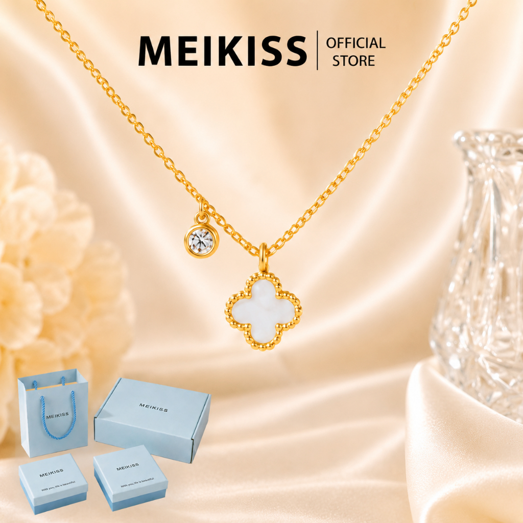 MEIKISS สร้อยคอจี้โคลเวอร์ สแตนเลส 316L ผู้หญิง จี้โคลเวอร์เพชร CZ สีทอง กันน้ำ ไม่ลอกไม่ดำ ของขวัญ