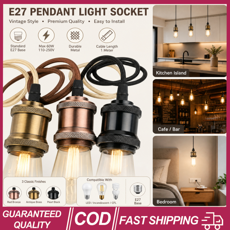 (🔥มาใหม่🔥) 2 ชิ้นอลูมิเนียมหลอดไฟฐานซ็อกเก็ต E27 Vintage 1M สายไฟ 110V 220V DIY แขวนบาร์เพดานติดตั้ง rack