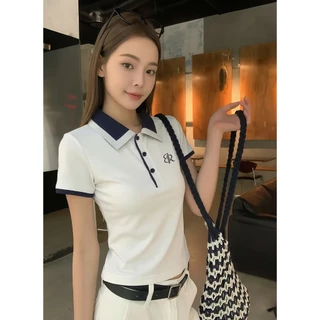 B&R จัดส่งจากไทย เสื้อผู้หญิงสั้นทรงเข้ารูปPOLO ทีเชิ้ตคอปกแขนสั้น ดีไซน์สีตรงข้าม ประดับกระดุม