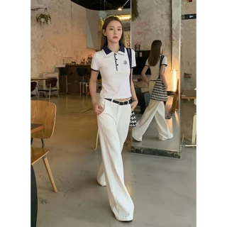 B&R จัดส่งจากไทย เสื้อผู้หญิงสั้นทรงเข้ารูปPOLO ทีเชิ้ตคอปกแขนสั้น ดีไซน์สีตรงข้าม ประดับกระดุม