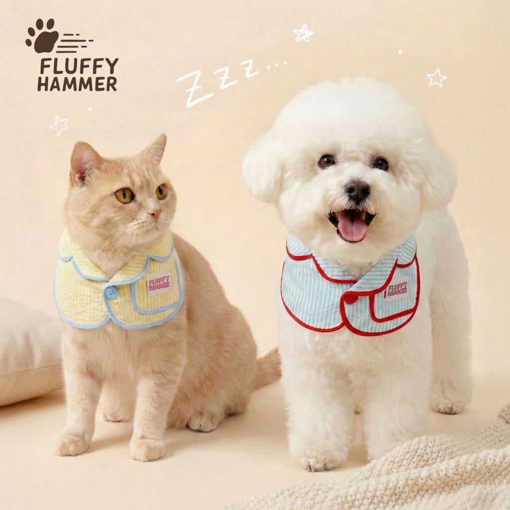 FluffyHammer ผ้าพันคอสัตว์เลี้ยงสไตล์ชุดนอน สำหรับแมวและสุนัข ผ้าเซียร์ซัคเกอร์ แต่งขอบสีตัด กระดุมปรับได้ 2 ระดับ