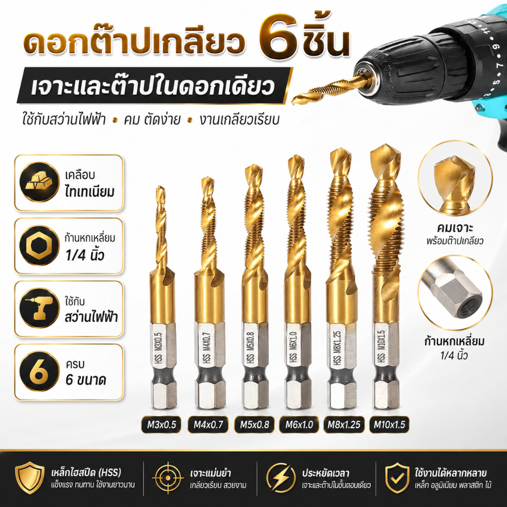 ชุดดอกสว่านต๊าปเกลียว 6 ชิ้น ขนาด M3/M4/M5/M6/M8/M10 ชุบไทเทเนียม ก้านหกเหลี่ยม 1/4 นิ้ว เจาะรู ทำเกลียว พร้อมส่ง