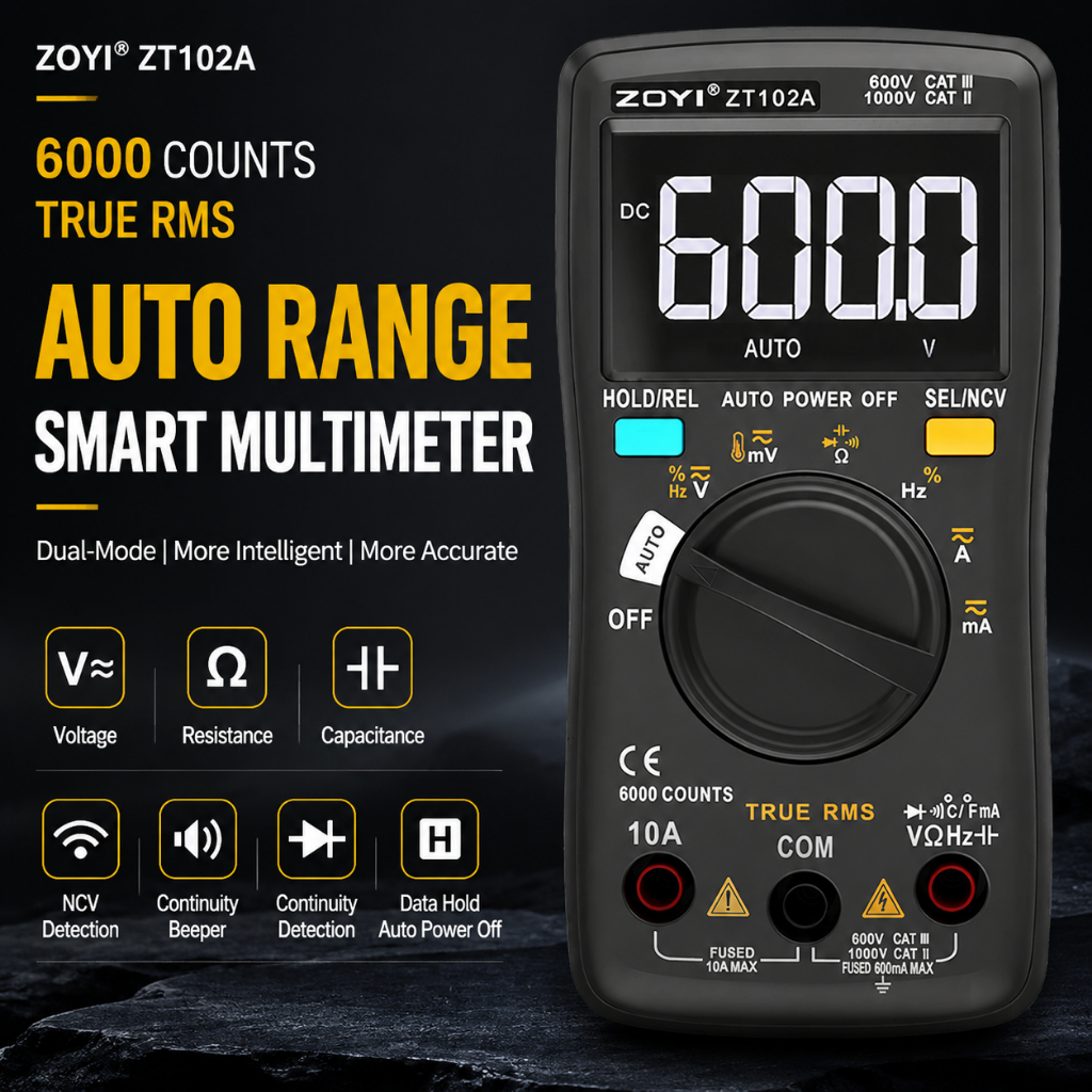 ZOYI ZT-102A มัลติมิเตอร์ True RMS 6000 Counts วัดแรงดันไฟ AC/DC NCV Auto Range