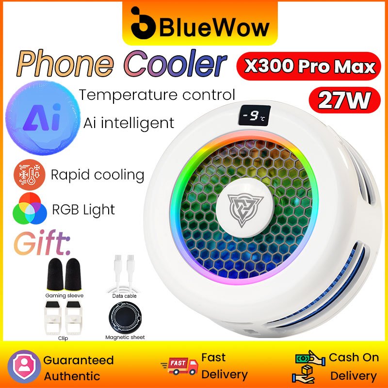 2026 ใหม่ BlueWow X300 Pro Max โทรศัพท์ Cooler 24W AI อุณหภูมิควบคุม RGB แสง 60 มม.Super ขนาดใหญ่ Cooling Surface เหมาะสําหรับ Heavy Gaming Fast Cooling ไม่มีความร้อนมากขึ้น
