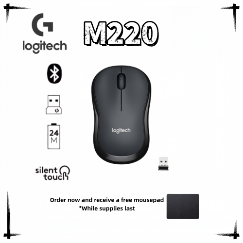 Logitech M220 Silent Mouse พร้อมตัวรับสัญญาณนาโน - 1000 DPI ไร้สาย 2.4GHz รวมแผ่นรองเมาส์ฟรี (มีจําน