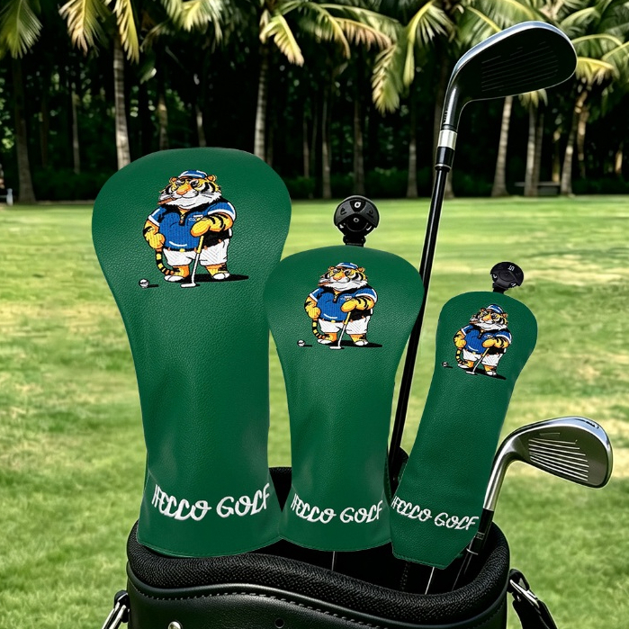 Plenty in stock）Green Tiger Pattern Golf Club Head Cover, PU Golf Headcover สําหรับ Driver, Fairway 