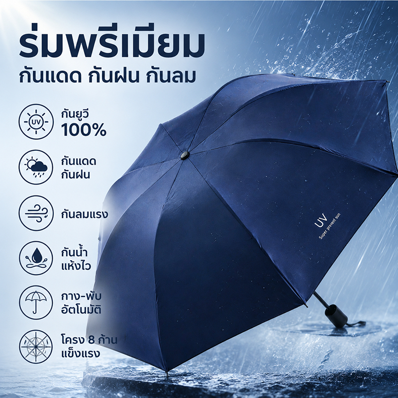 ร่มกันแดด uv 100% เปิดปิดอัตโนมัติ เคลือบสีดำ กันฝน 2 ทาง กันรังสียูวี 100%