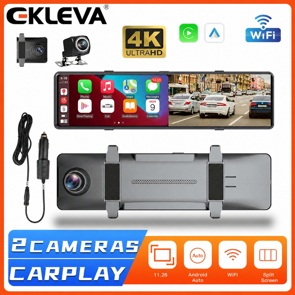 Ekleva 4K Dual Lens Carplay & Android Auto Wireless Dash Cam 1080P Video Recorder การเชื่อมต่อ WiFi 