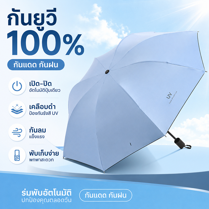 ร่มพับได้พกพา เปิดปิดอัตโนมัติ กันแดดกันฝน 2 ทาง เคลือบสีดำกันยูวี 100%