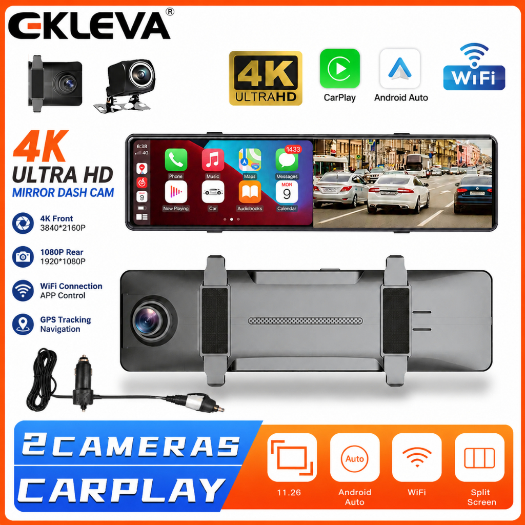 Ekleva กล้องบันทึกวิดีโอ WIFI GPS DVR 4K 12 นิ้ว สีดํา สําหรับติดกระจกมองหลังรถยนต์