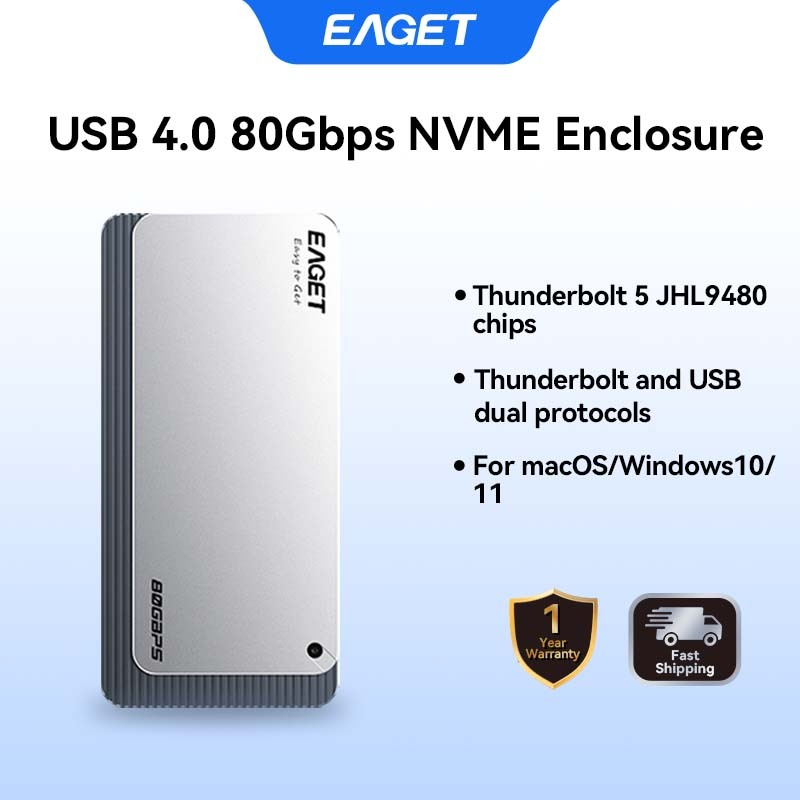 EAGET TSE8500 Thunderbolt 5 80Gbps M.2 NVMe SSD Enclosure Intel JHL9480 ชิปสมาร์ท 8000RPM พัดลมระบาย