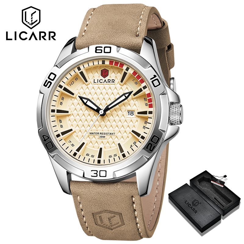 LICARR แฟชั่นชั้นนํานาฬิกาผู้ชายหนังกันน้ําควอตซ์เรืองแสง 9570