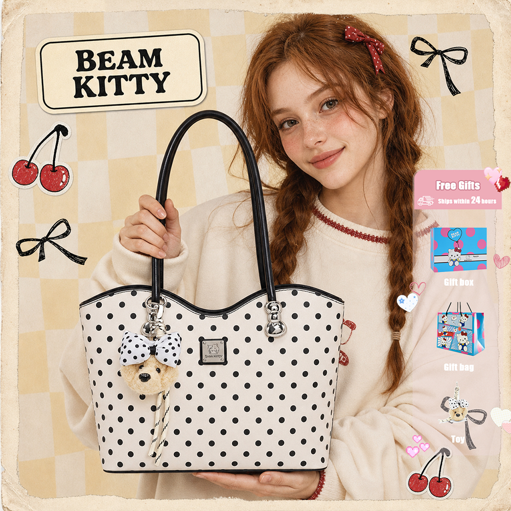 Beam Kitty กระเป๋าโท้ทลายจุด สไตล์เกาหลี กระเป๋าสะพายไหล่ความจุใหญ่ แถมพวงกุญแจน่ารัก เบา ทนทาน และกันน้ำ