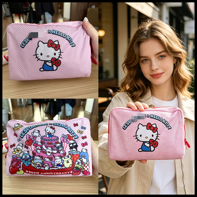 LES Small KITTY กระเป๋าเครื่องสําอางคลัทช์สีชมพูการ์ตูนพิมพ์ไนลอนกันน้ํากระเป๋าหญิง 1114