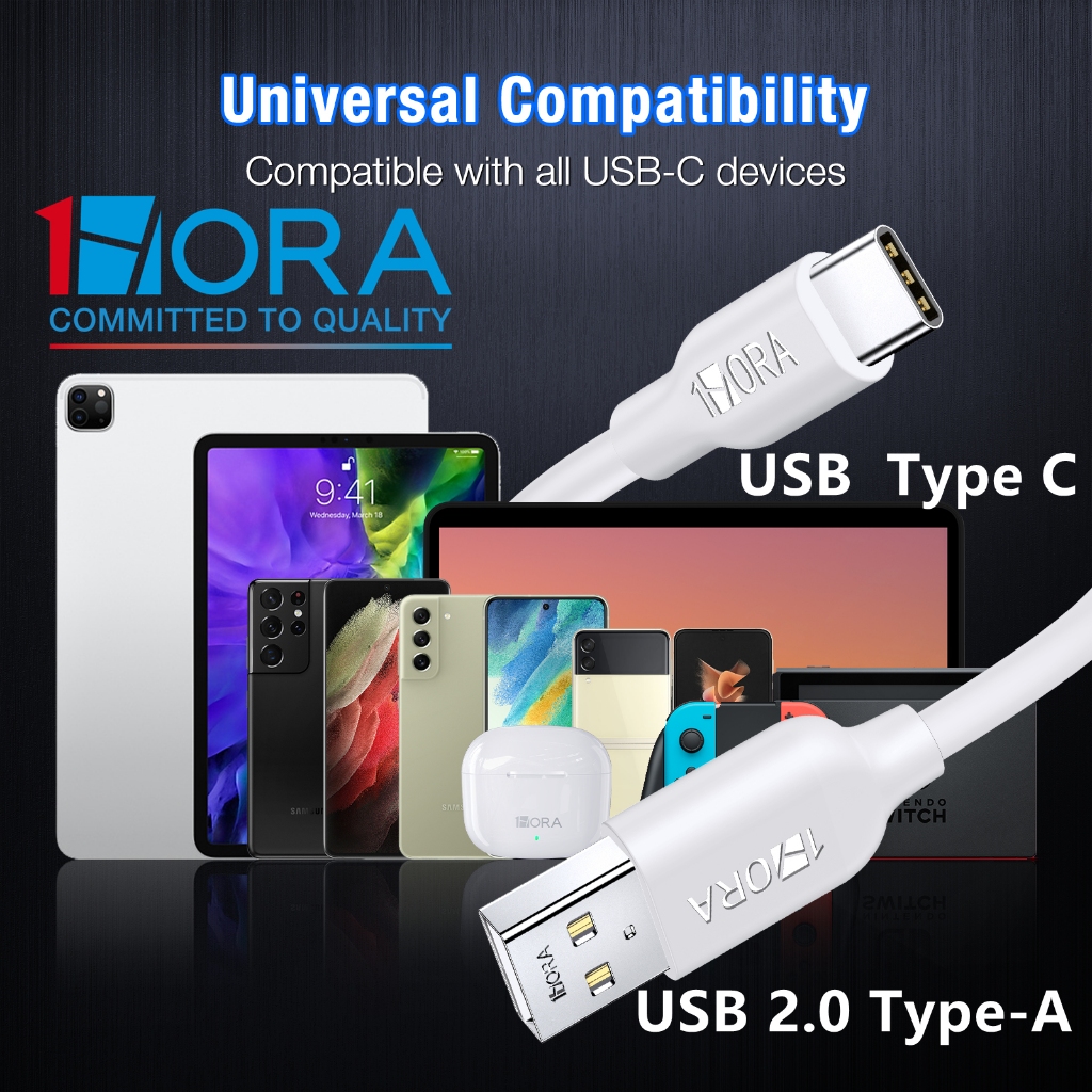 1HORA สายอุปกรณ์มือถือ USB Type-C/USB 2.0 Type-A 1 ม. สีขาว/ดํา