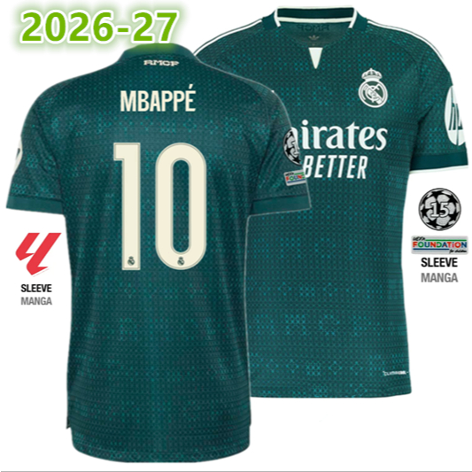 Fan 2026 2027 Madrid เสื้อกีฬาสีเขียวเสื้อยืดแขนสั้นขนาดจริง S-2XL