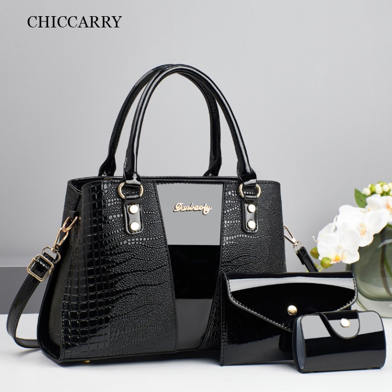 CHICCARRY Glossy Crocodile Pattern Tote Bag ชุด 3 ชิ้น Mother Daughter Bag Commuter Handbag Crossbody Bag Mom Handbag