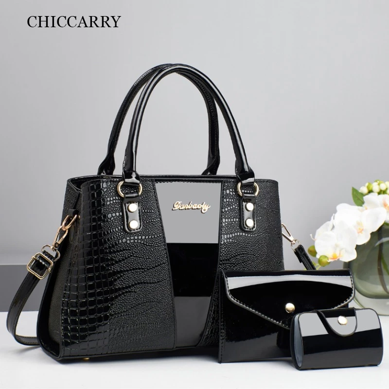 CHICCARRY Glossy Crocodile Pattern Tote Bag ชุด 3 ชิ้น Mother Daughter Bag Commuter Handbag Crossbody Bag Mom Handbag