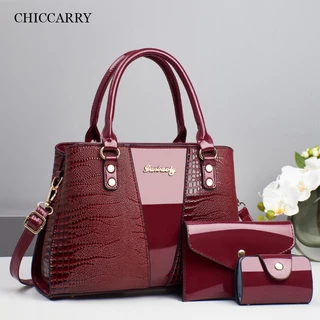 CHICCARRY Glossy Crocodile Pattern Tote Bag ชุด 3 ชิ้น Mother Daughter Bag Commuter Handbag Crossbody Bag Mom Handbag