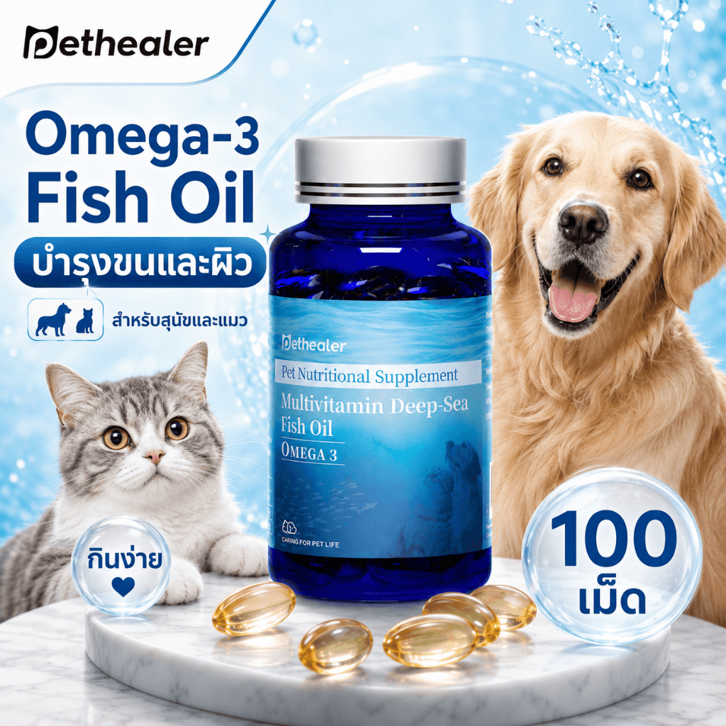 Pethealer น้ำมันปลาโอเมก้า 3 สำหรับสุนัขและแมว 100 เม็ด แคปซูลเสริมโภชนาการ ดูแลขนและผิว กินง่าย