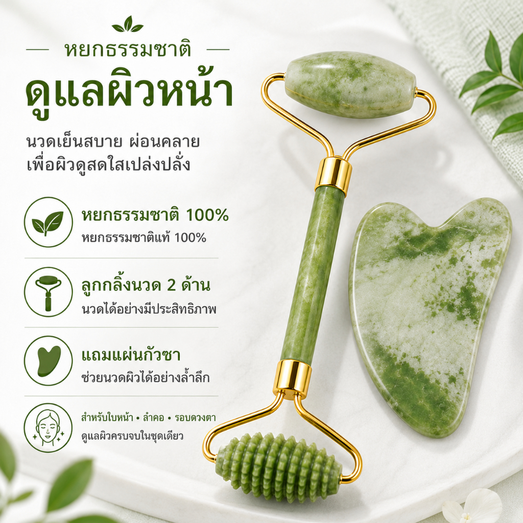 เครื่องนวดหน้าชุดหินหยก 2 ชิ้น ม้วนนวดและแผ่นกัวซา ช่วยคลายตึงกล้ามเนื้อผิวหน้า