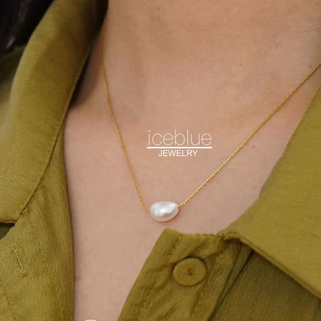 Iceblue-Irregular Shape น้ําจืดแท้ Baroque Pearl จี้สร้อยคอผู้หญิง 18K ชุบทองกันน้ํา Non Tarnish เคร