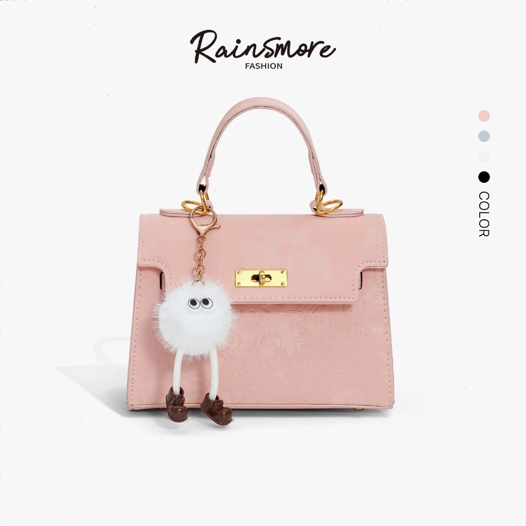 RAINSMORE กระเป๋าสะพายข้างผู้หญิง | กระเป๋าสตางค์สตรีดีไซน์ใหม่ ลาย-หัวใจสีชมพู ดีเทลด้านบนสีทองประณีต สะพายข้าง/ถือได้ เหมาะสำหรับออกเดท/วันทำงาน