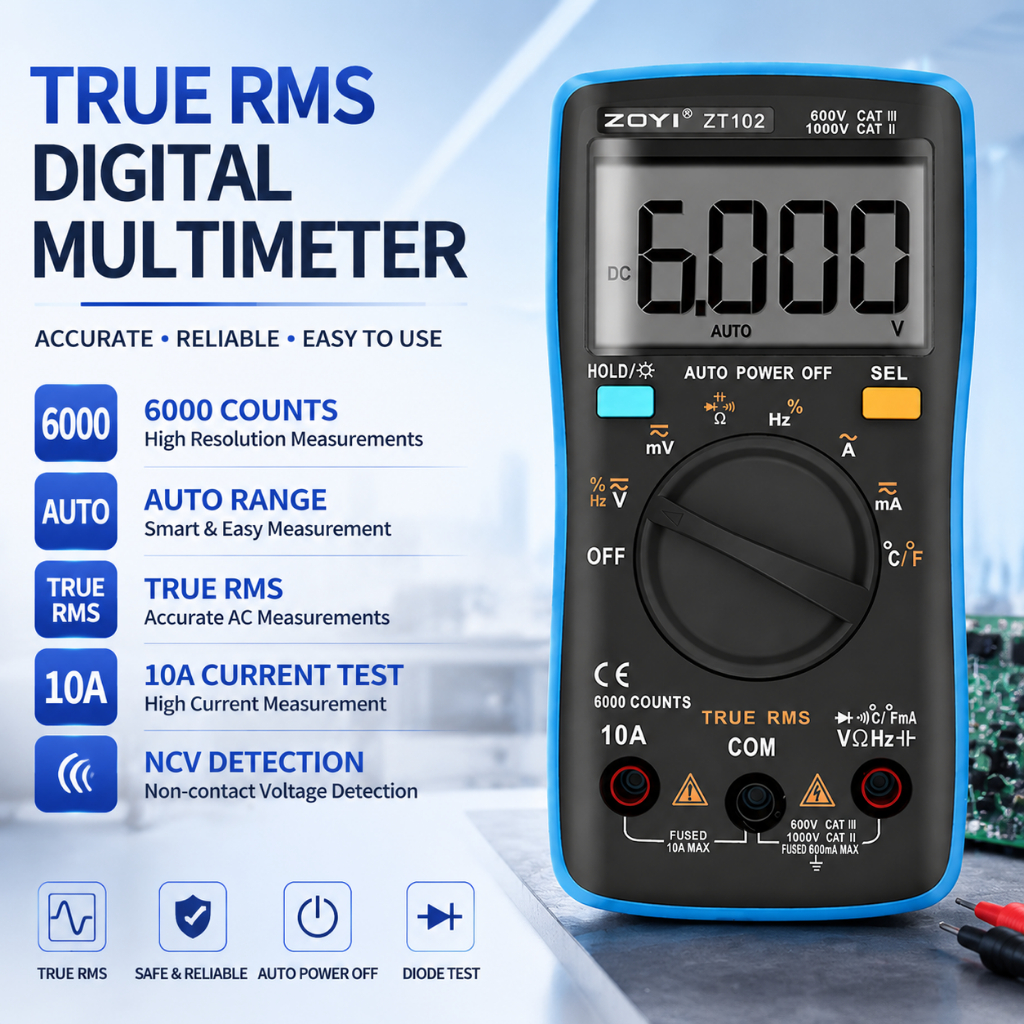ZOYI ZT-102 6000 Counts True RMS Digital Multimeter Auto Range NCV Voltage Current Resistance Tester