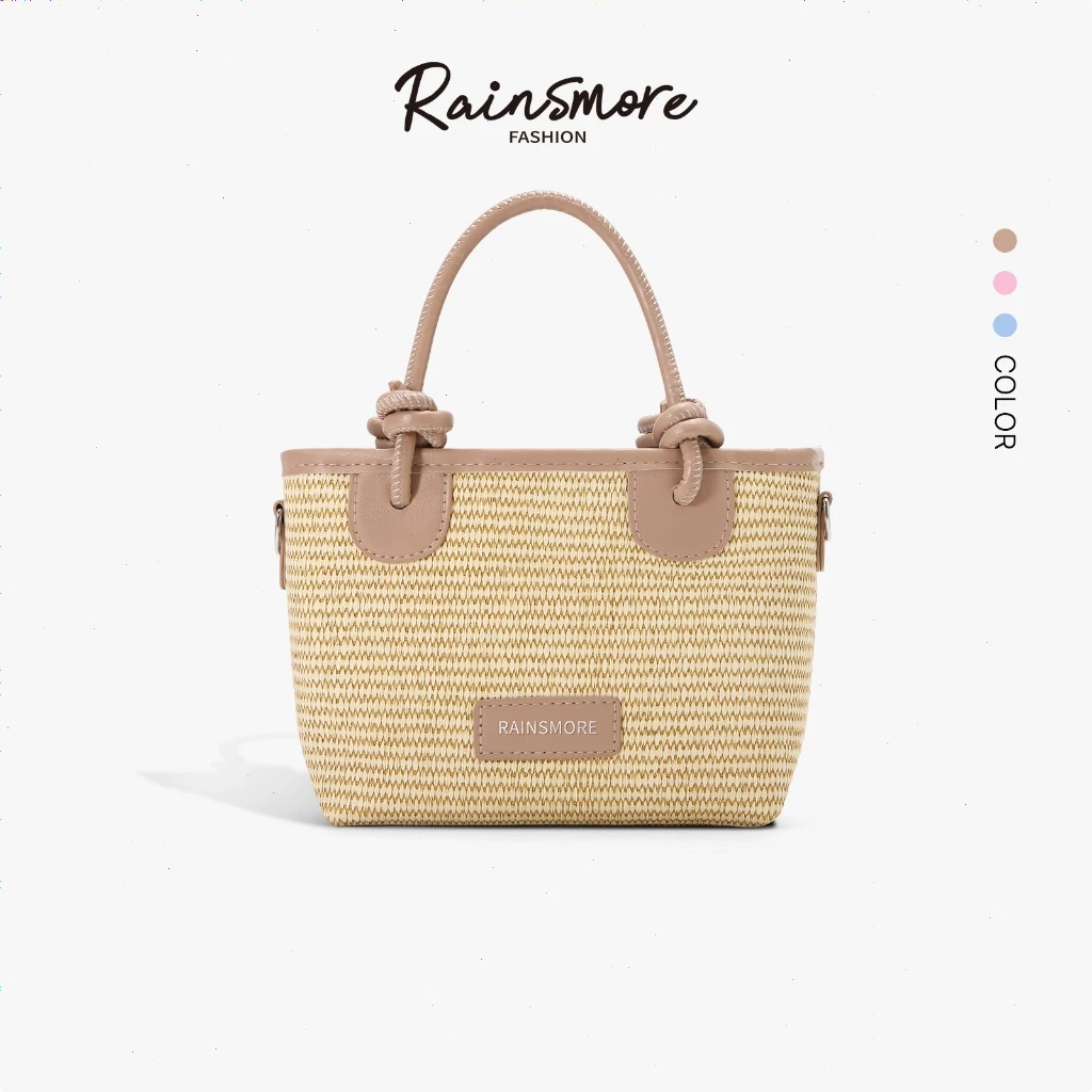 กระเป๋าสาน RAINSMORE สไตล์วินเทจ สําหรับผู้หญิง สามารถถือหรือสะพายข้างได้ ใช้ได้ทั้งชายหาดและชีวิตประจำวัน