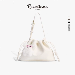 กระเป๋าถุงรูดเชือกเมฆ RAINSMORE หนัง PU นุ่ม ทนทาน สะพายไหล่/สะพายข้างได้ ความจุใหญ่ มินิมอล 3 สี สำหรับทำงานออกเดท