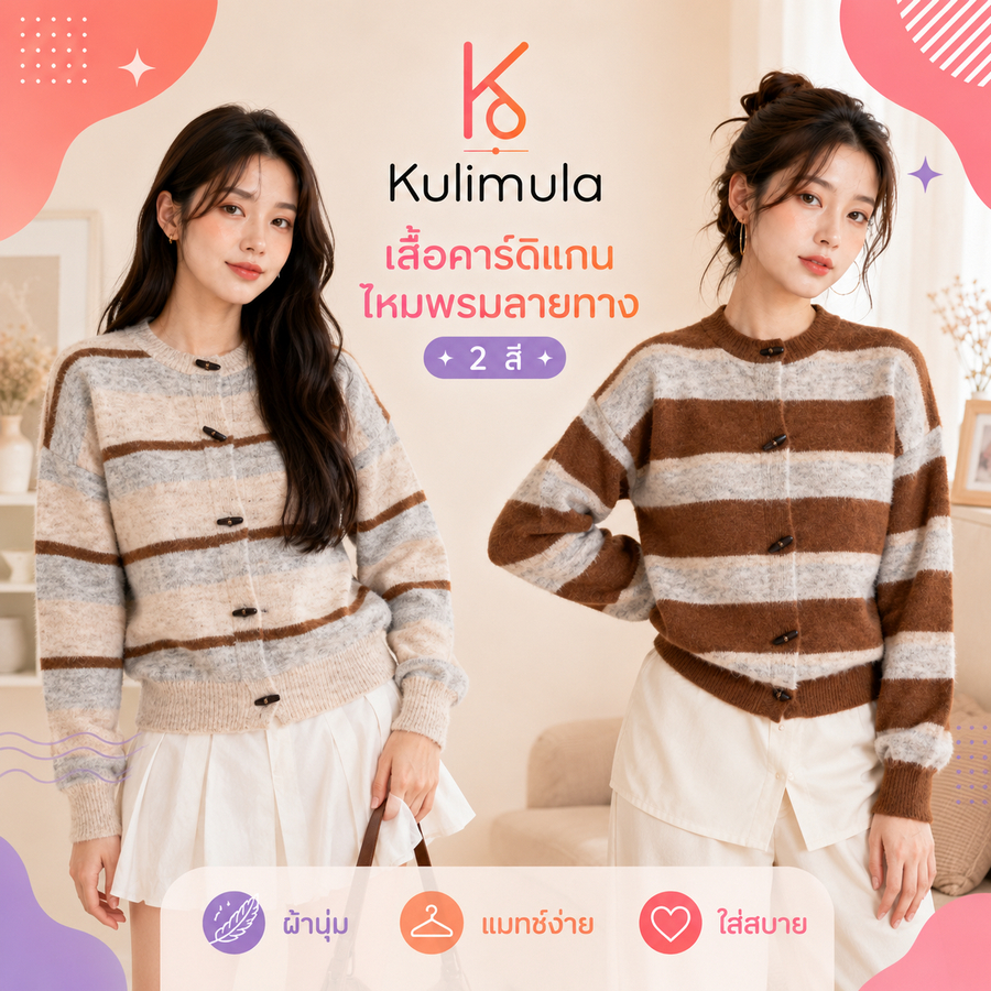 KULIMULA Espresso Cardigan คาร์ดิแกนลายทาง เสื้อคาร์ดิแกนลายทาง เสื้อถักลายทาง สีพาสเทล อบอุ่นเหมาะฤดูหนาว Q47