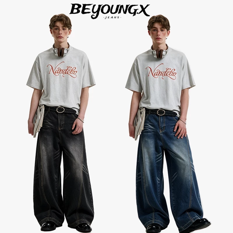 BEYOUNG.X-กางเกงยีนส์ผู้ชายสีดำทรงขากว้างฟอกย้อนยุค Baggy Jeans สไตล์สตรีทวินเทจ หลวมสบาย ใส่เท่ๆ สไตล์ฮิปฮอป