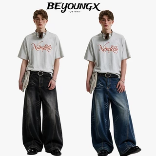 BEYOUNG.X-กางเกงยีนส์ผู้ชายสีดำทรงขากว้างฟอกย้อนยุค Baggy Jeans สไตล์สตรีทวินเทจ หลวมสบาย ใส่เท่ๆ สไตล์ฮิปฮอป