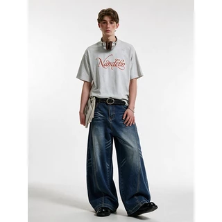 BEYOUNG.X-กางเกงยีนส์ผู้ชายสีดำทรงขากว้างฟอกย้อนยุค Baggy Jeans สไตล์สตรีทวินเทจ หลวมสบาย ใส่เท่ๆ สไตล์ฮิปฮอป