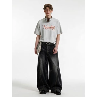 BEYOUNG.X-กางเกงยีนส์ผู้ชายสีดำทรงขากว้างฟอกย้อนยุค Baggy Jeans สไตล์สตรีทวินเทจ หลวมสบาย ใส่เท่ๆ สไตล์ฮิปฮอป