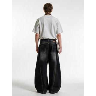 BEYOUNG.X-กางเกงยีนส์ผู้ชายสีดำทรงขากว้างฟอกย้อนยุค Baggy Jeans สไตล์สตรีทวินเทจ หลวมสบาย ใส่เท่ๆ สไตล์ฮิปฮอป