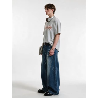 BEYOUNG.X-กางเกงยีนส์ผู้ชายสีดำทรงขากว้างฟอกย้อนยุค Baggy Jeans สไตล์สตรีทวินเทจ หลวมสบาย ใส่เท่ๆ สไตล์ฮิปฮอป