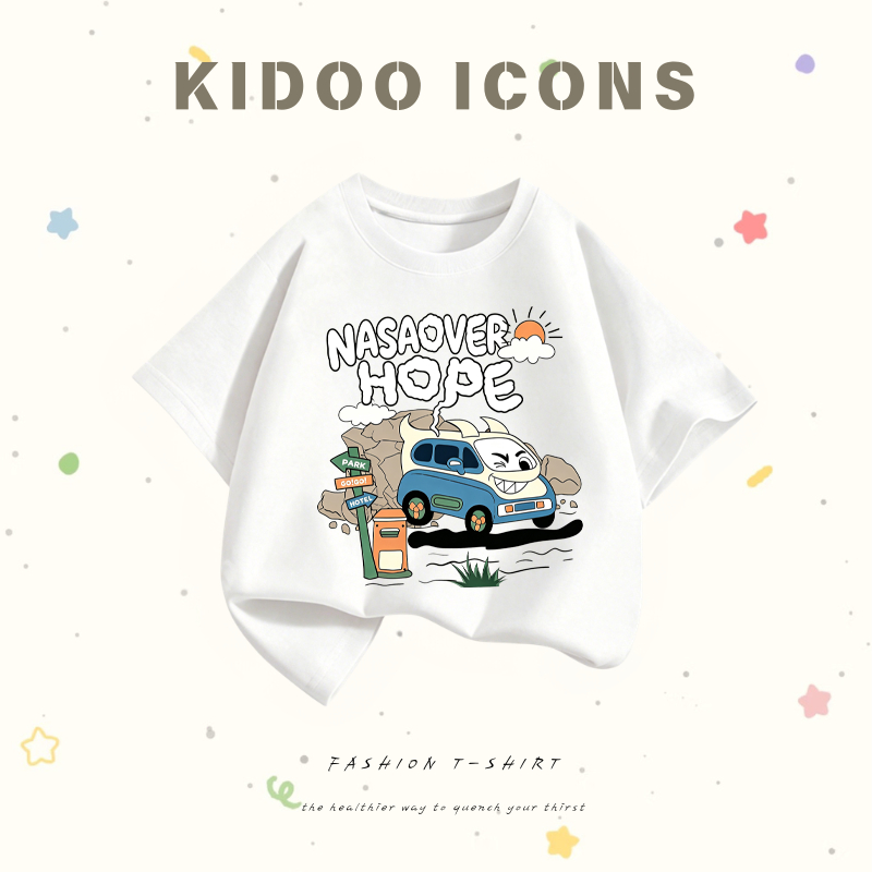 KIDOO ICONS เสื้อยืดเด็กคอกลมผ้าฝ้าย 100% ลายรถขับเที่ยวการ์ตูนสไตล์วินเทจ แขนสั้น สไตล์เกาหลี #A01+5659