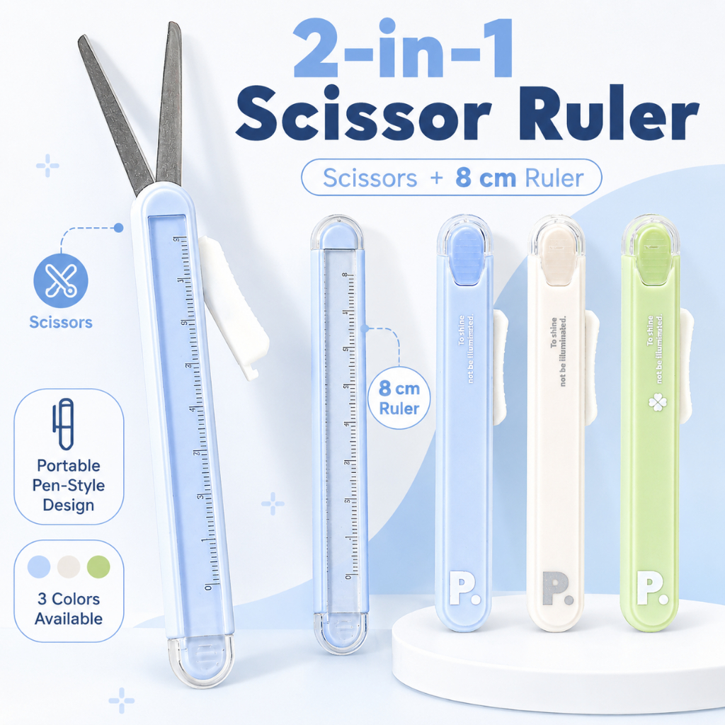 ไดลี่|กรรไกร+ไม้บรรทัด 2-in-1 แบบปากกา ปลายมน ไม้บรรทัด 8 ซม. พกพา สำหรับนักเรียน งานแฮนด์เมด สมุดโน้ต