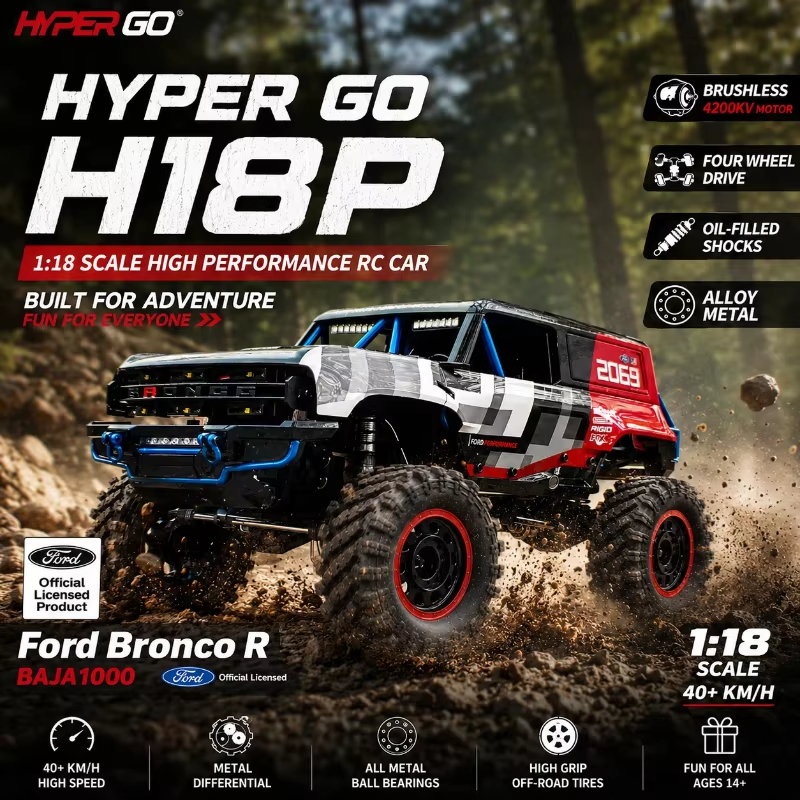 HipoRC MJX Hyper Go H18P 1/18 Ford Bronco Baja 1000 RC Crawler – รถบรรทุกออฟโรด 4WD ไร้แปรงถ่านพร้อมแชสซีโลหะและแบตเตอรี่ 2S (ได้รับอนุญาตอย่างเป็นทางการ)