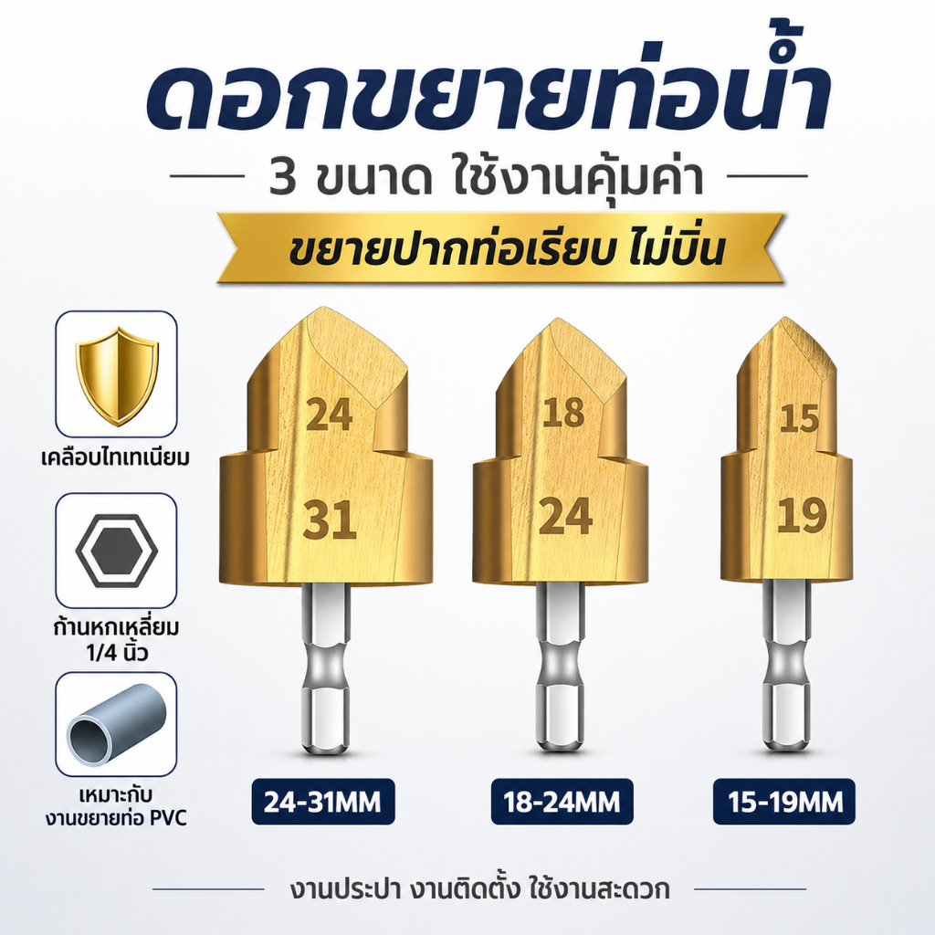 ชุดดอกสว่านขยายรูท่อ 3 ชิ้น ขนาด 15-31mm สำหรับงานซ่อมท่อและเจาะท่อ คุณภาพสูง ใช้งานได้ยาวนาน